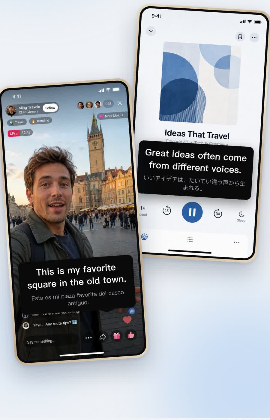 两台并排的 iPhone：一台在放直播，一台在放播客，都显示着翻译好的字幕。