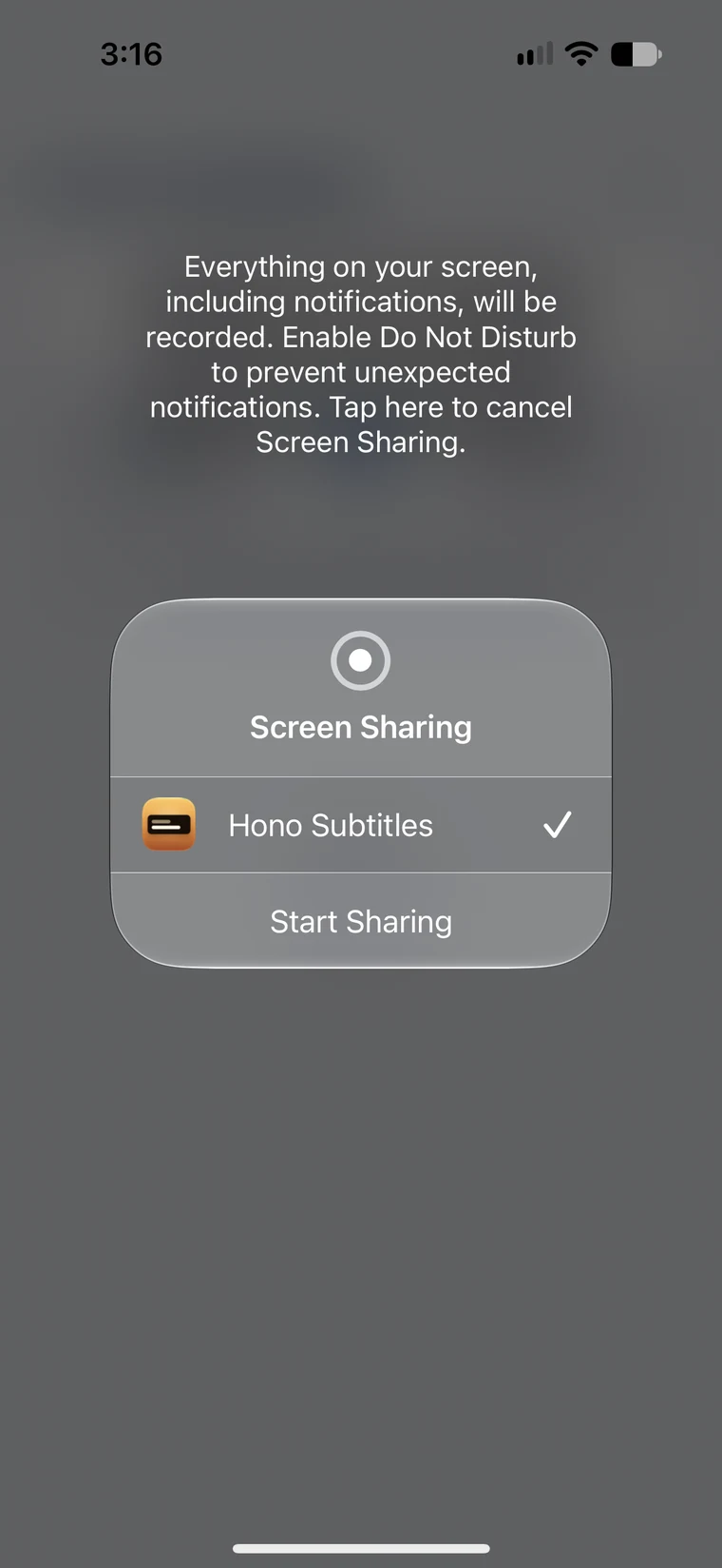 iOS 的「屏幕共享」面板，已经选中浮光字幕，下方是「开始共享」按钮。